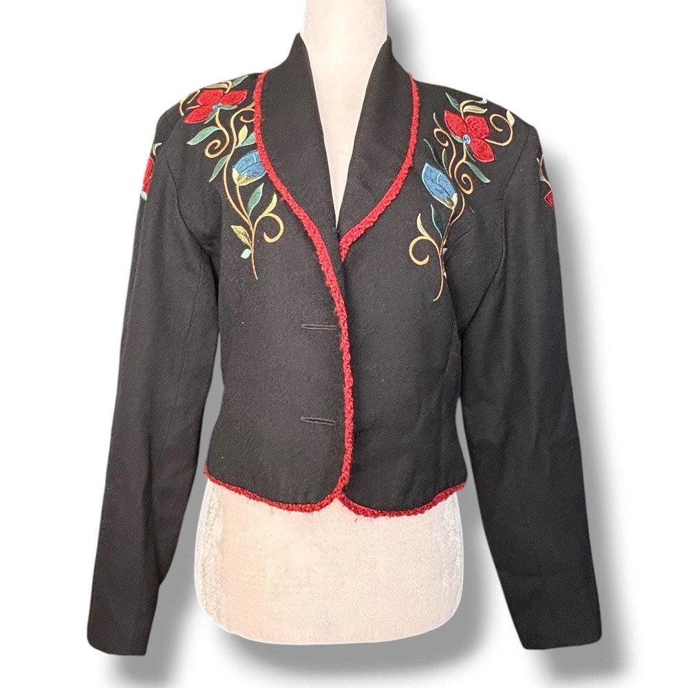 Vintage Western Embroidered Floral Cropped Jacket Cowgirl Black Ranchwear 90s‎